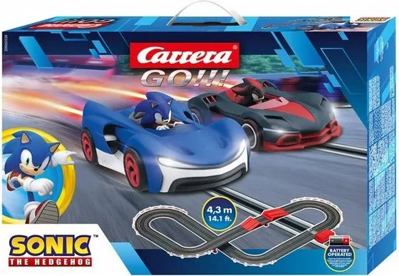 מסלול מירוצים קאררה סוניק 4.3 מטר עם מקפצה, שלט EVO וחוויית מרוץ מהירה לילדים בקנה מידה 1:43 | Sonic The Hedgehog Racing Set – GO!!! Carrera